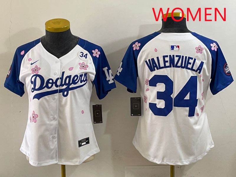 Women Los Angeles Dodgers #34 Valenzuela White Blue Sakura Edition 2025 Nike MLB Jersey style 37->women mlb jersey->Women Jersey